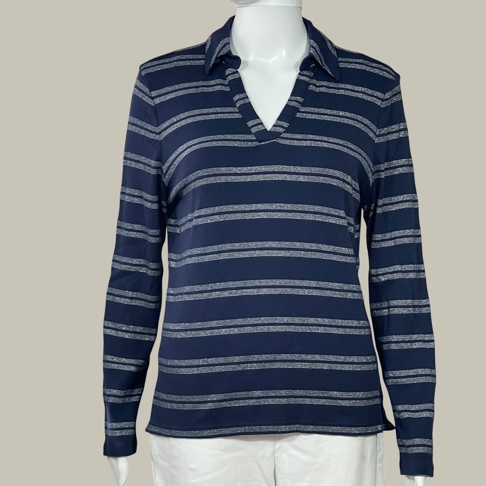 Charter Club Petite PL Supima Cotton Polo Shirt Navy Silver Metallic Stripe